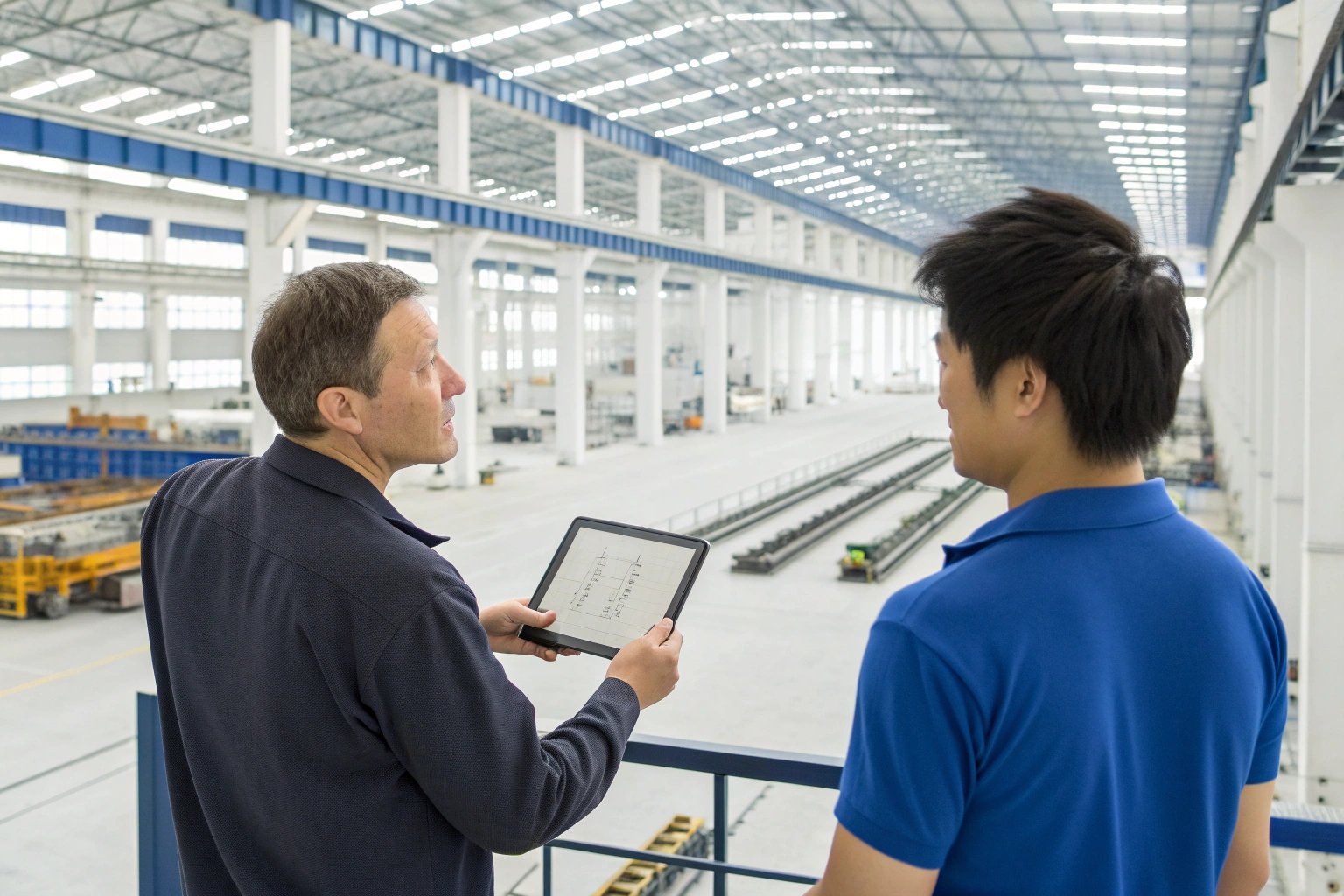 Two engineers discussing in a factory setting with tablet